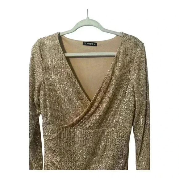 Sheilay Gold Sequin V-Neck Mini Dress, Medium - Picture 4 of 6